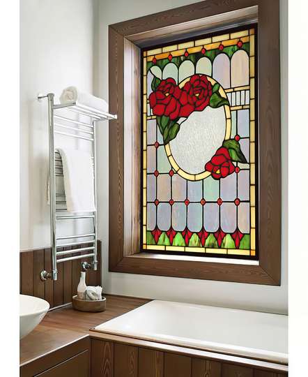 Window Privacy Film, Decorative stained glass window with red roses, 60 x 90cm, Transparent