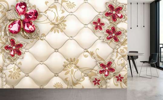 Wall Mural - Red flowers from precious stones on a leather background