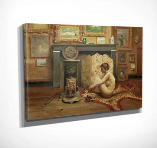 Постер - Девушка у камина, 45 x 30 см, Холст на подрамнике, Живопись