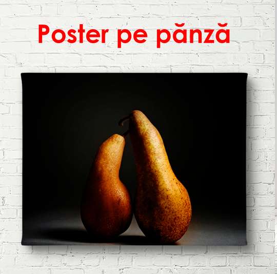 Poster - Two pears on a black background, 90 x 60 см, Framed poster, Food and Drinks