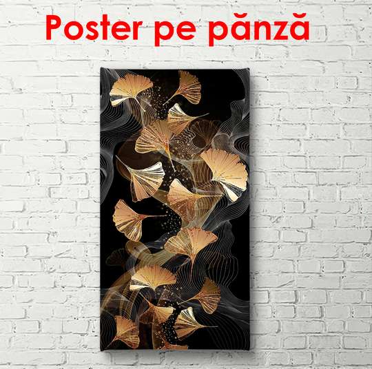 Постер - Композиция из золотых листьев на черном фоне, 50 x 150 см, Постер в раме, Гламур