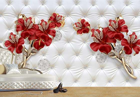 Wall Mural - Bright red flowers on leather background