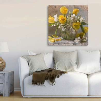 Poster - Vase with white and yellow flowers, 100 x 100 см, Framed poster