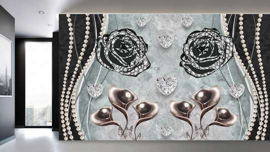 Wall Mural - Roses, Lilies and Crystals in the form of hearts in light dark shades