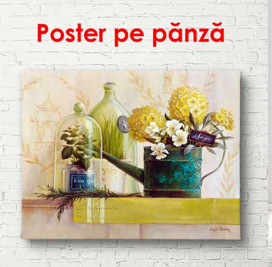 Постер - Желтые цветы в вазе на столе, 90 x 60 см, Постер в раме, Прованс