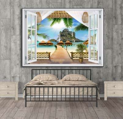 Stickere pentru pereți - Fereastra 3D cu vedere spre plaja din Hawaii, 130 х 85