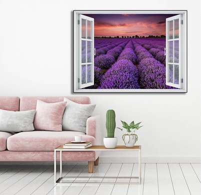 Stickere pentru pereți - Fereastra 3d cu vedere spre o câmpie de lavandă, 130 х 85