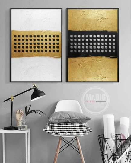 Poster - Squares with golden abstraction, 60 x 90 см, Framed poster on glass, Sets