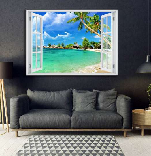 Stickere pentru pereți - Fereastra 3D cu vedere spre o plajă însorită, 130 х 85