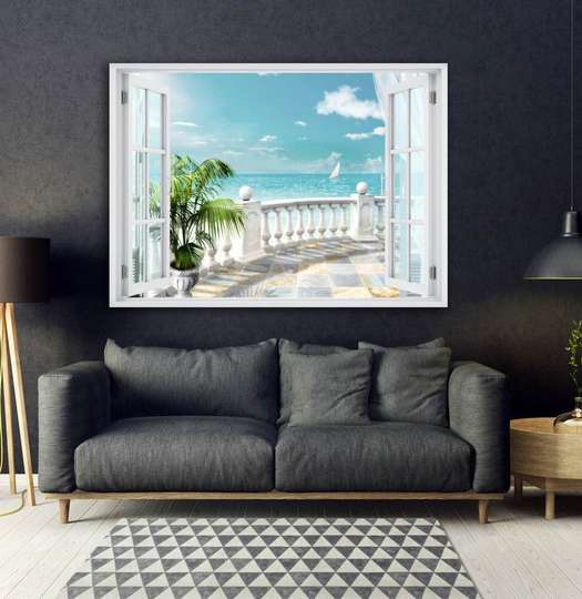 Stickere pentru pereți - Fereastra 3D cu vedere spre terasa cu o priveliște spre mare, 130 х 85