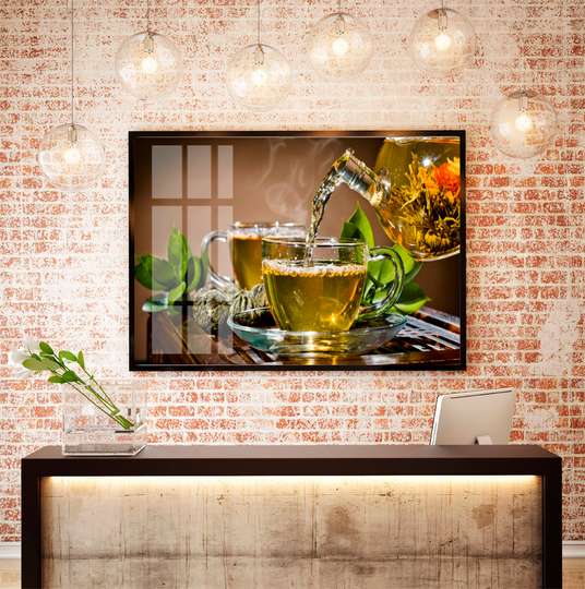 Poster - Kettle with a cup of tea on the table, 90 x 45 см, Framed poster, Food and Drinks