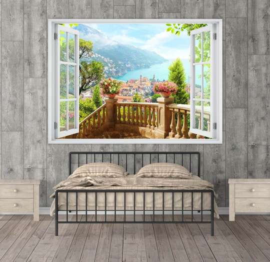 Wall Sticker - 3D window with mountain city view