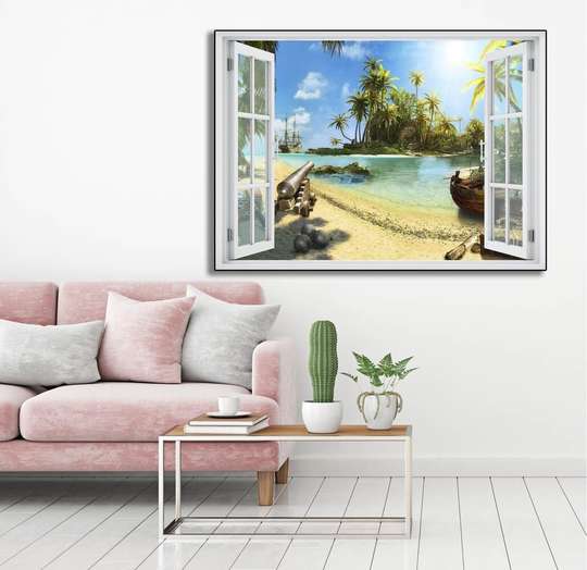 Wall Sticker - 3D window with a view of the island of pirates