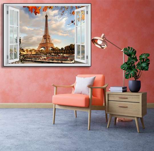 Stickere pentru pereți - Fereastra 3D cu vedere spre Turnul Eiffel toamna, 130 х 85