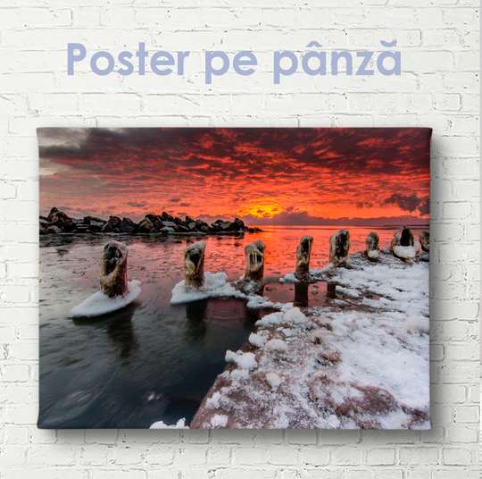 Постер - Алый закат зимним вечером, 45 x 30 см, Холст на подрамнике, Природа