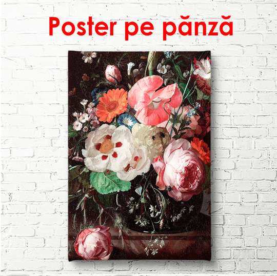Постер - Букет розовых цветов на черном фоне, 60 x 90 см, Постер в раме, Ботаника