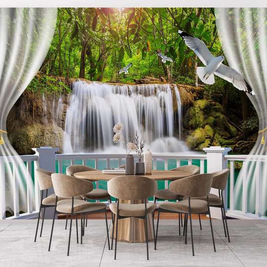 Wall Mural - Lovely waterfall in a green forest with birds