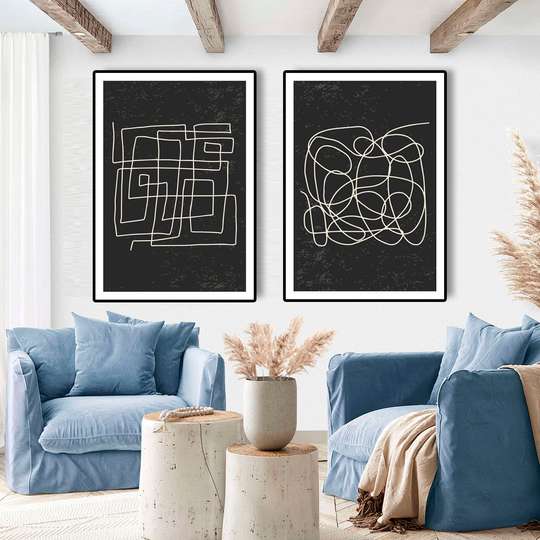 Poster - White lines on a black background, 60 x 90 см, Framed poster on glass, Sets