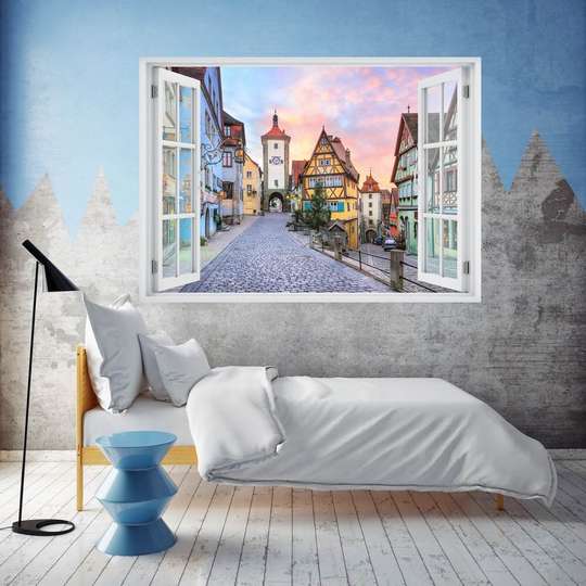 Наклейка на стену - 3D-окно с видом на закат в городе, Имитация окна, 130 х 85