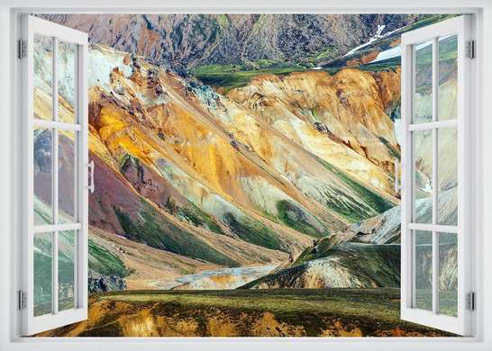 Stickere pentru pereți - Fereastra 3D cu vedere spre un peisaj montan, 130 х 85
