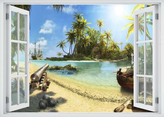 Stickere pentru pereți - Fereastra 3D cu vedere spre insula piraților, 130 х 85