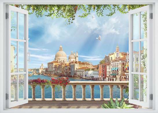 Stickere pentru pereți - Fereastra 3D cu vedere spre Veneția, 130 х 85