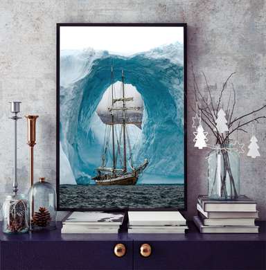 Poster - Ship on the background of glaciers, 30 x 45 см, Canvas on frame