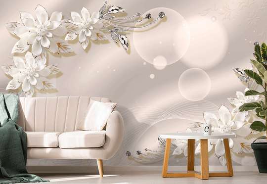 Wall Mural - White flowers on a light beige background