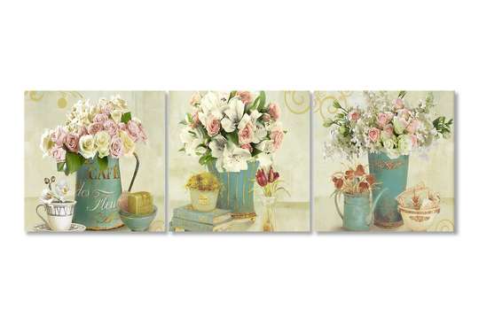 Tablou Pe Panza Multicanvas, Buchete delicate de flori, 225 x 75