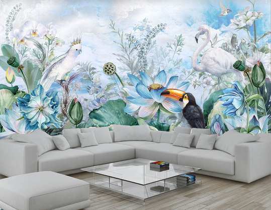 Wall Mural - Flowers on a background of flamingos