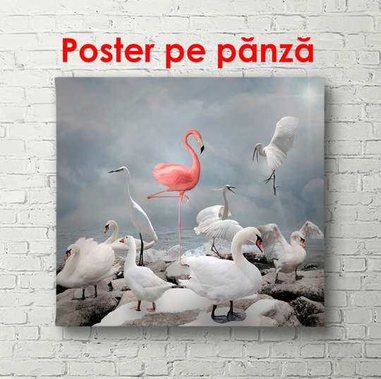 Постер - Розовый фламинго на абстрактном фоне, 100 x 100 см, Постер в раме, Фэнтези