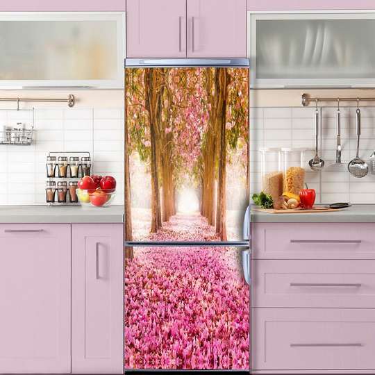 3Д наклейка на дверь, Аллея с розовыми цветами, 60 x 90cm, Наклейка на Дверь