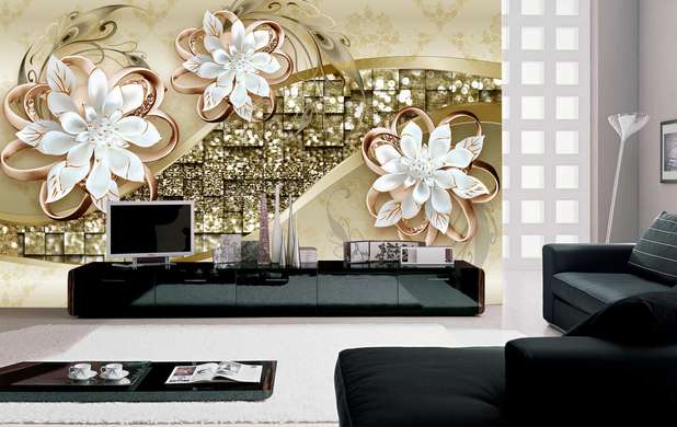 Wall Mural - White flowers on a golden background