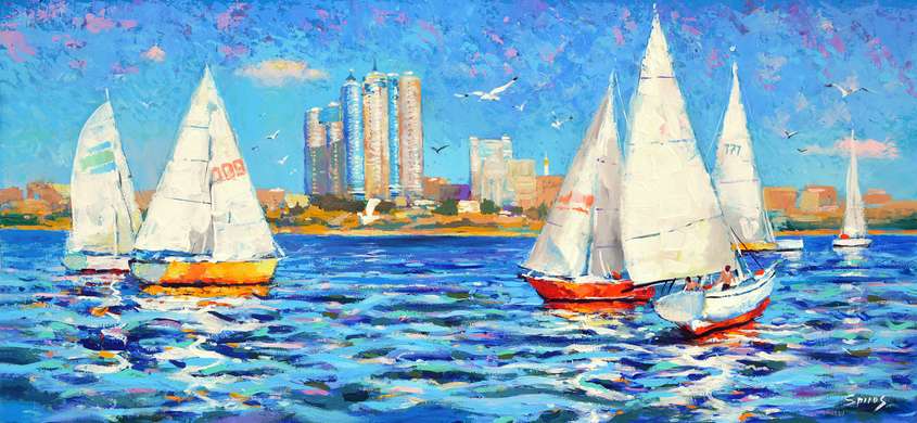 Poster - Yachts with sails, 60 x 30 см, Canvas on frame