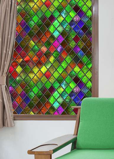 Autocolant pentru Ferestre, Vitraliu decorativ cu romburi geometrice multicolore, 60 x 90cm, Transparent, Autocolant Vitraliu