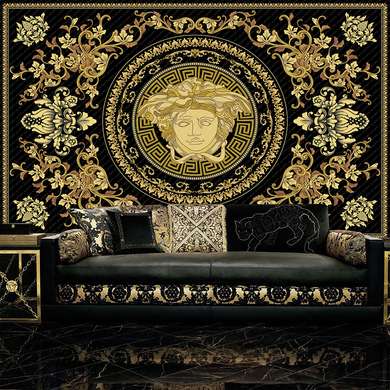 Fototapet - Semn Versace pe un fundal negru cu elemente aurii