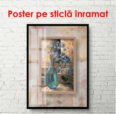 Poster - Vaza albastră de sticlă cu o floare, 60 x 90 см, Poster înrămat