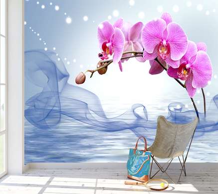 Фотообои - Розовые орхидеи на синем фоне