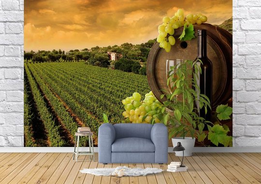 Фотообои, Бутылка вина на фоне виноградника