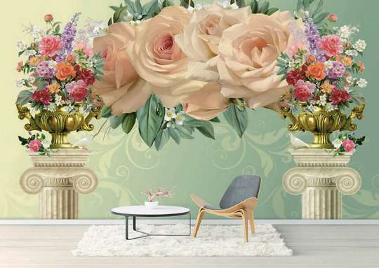 Wall Mural - Beautiful flowers and columns on a green background