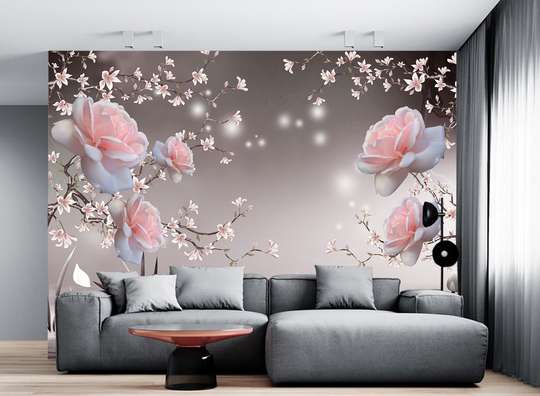 Wall Mural - Delicate landscape with pink roses