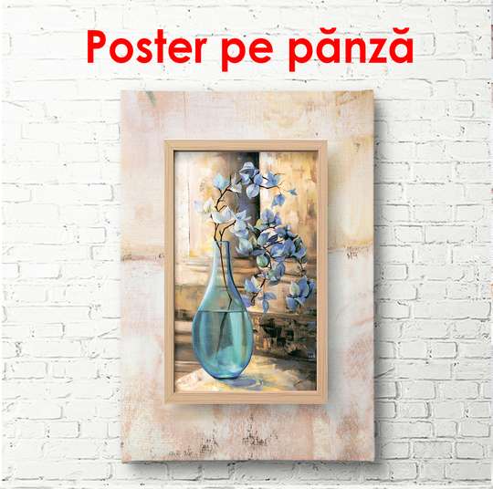 Постер, Стеклянная голубая ваза с цветком на столе, 60 x 90 см, Постер в раме