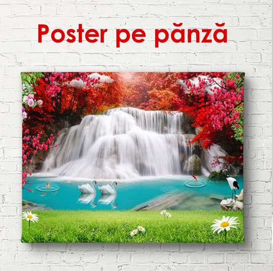 Poster - Amazing autumn waterfall in the forest, 45 x 30 см, Canvas on frame, Nature