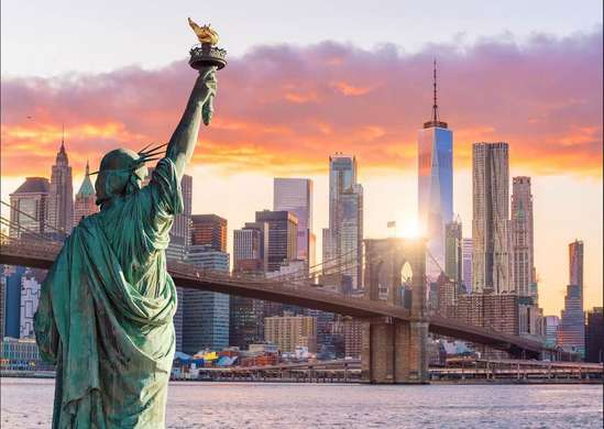 Фотообои - Бруклинский мост и статуя свободы на рассвете