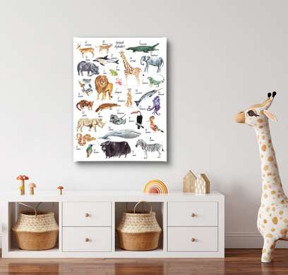 Poster - Alfabet cu animale pentru copii, 30 x 45 см, Panza pe cadru