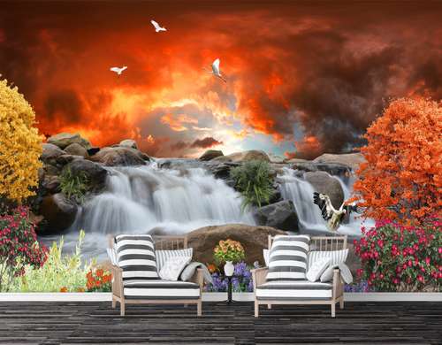 Wall Mural - Sunset against the backdrop of fiery clouds