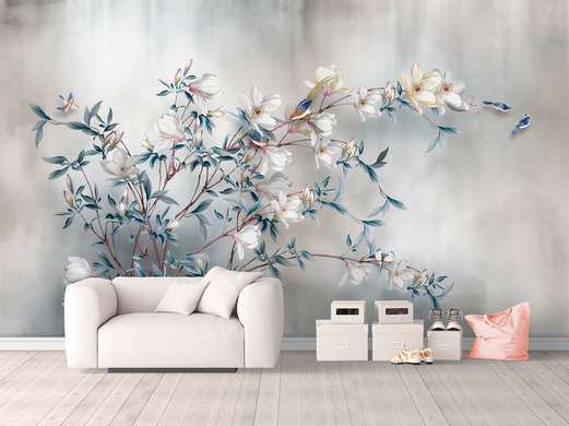 Wall Mural - Magnolia flowers on gray abstract background