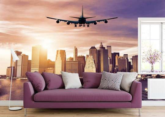 Wall Mural - Airplane in the pink sky