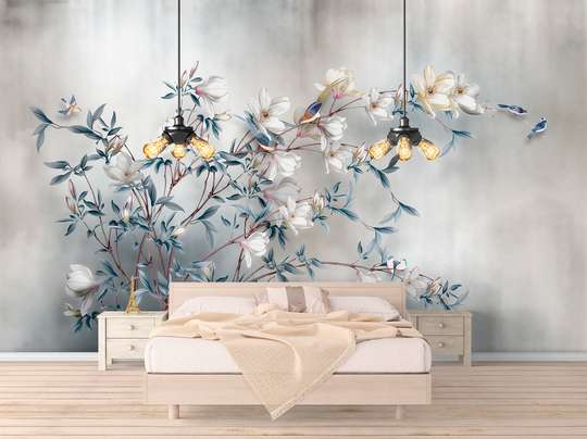 Fototapet -Flori de magnolie pe fundal abstract gri