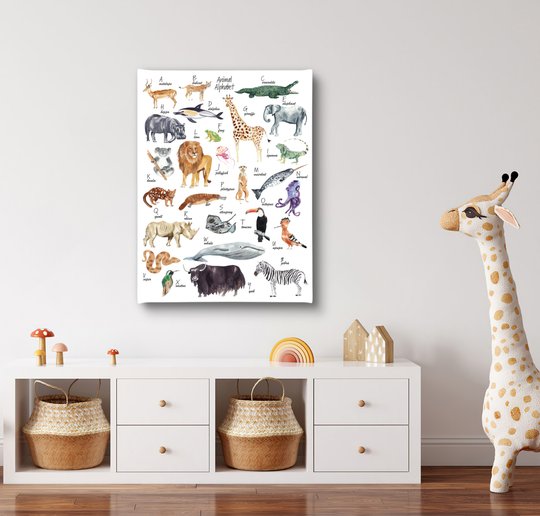Постер, Алфавит с животными для детей, 30 x 45 см, Холст на подрамнике
